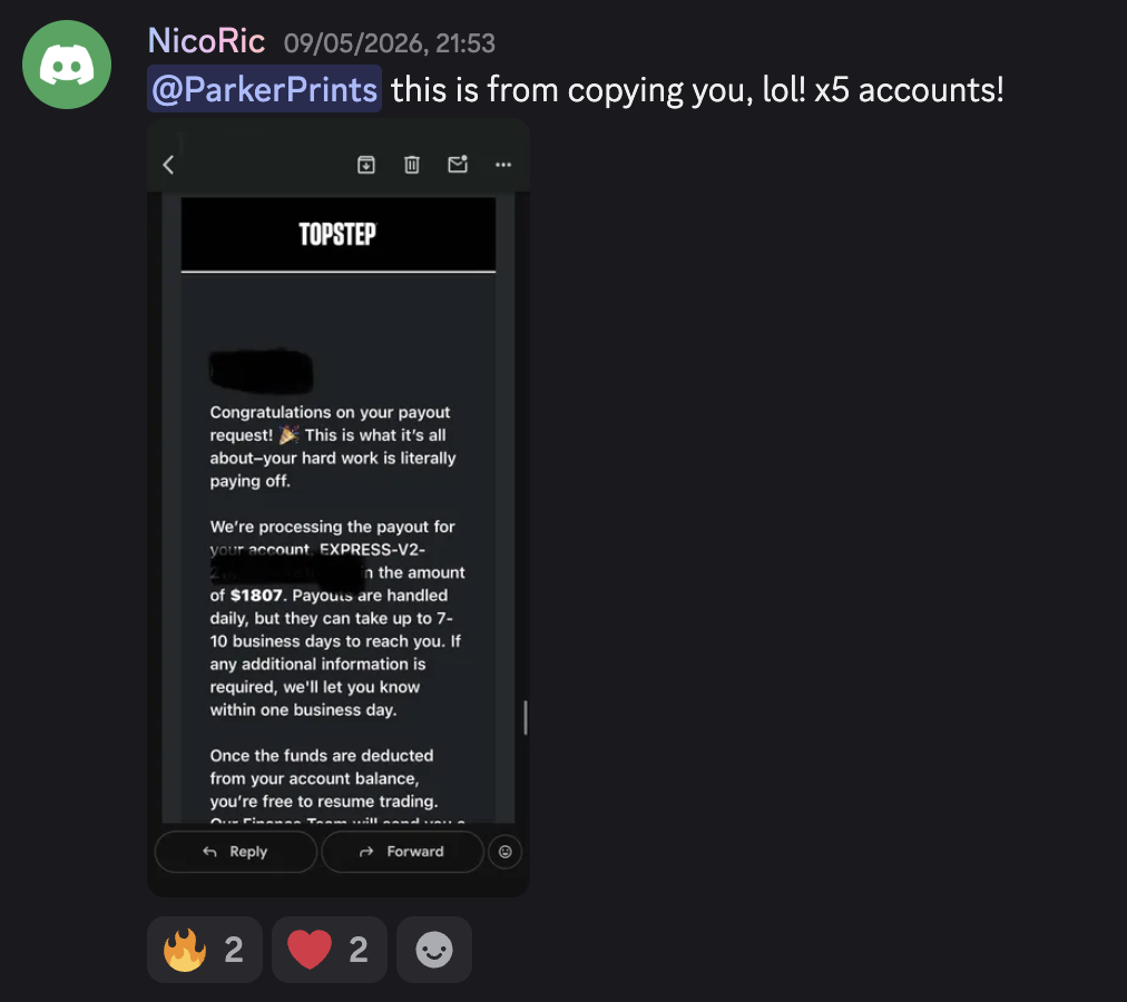 Discord member NicoRic saying this is from copying Parker, with a Topstep payout request screenshot.