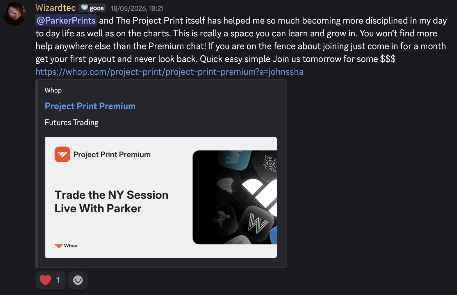 Discord testimonial from Wizardtec recommending ProjectPrint and describing a first-payout result in the member's own words.