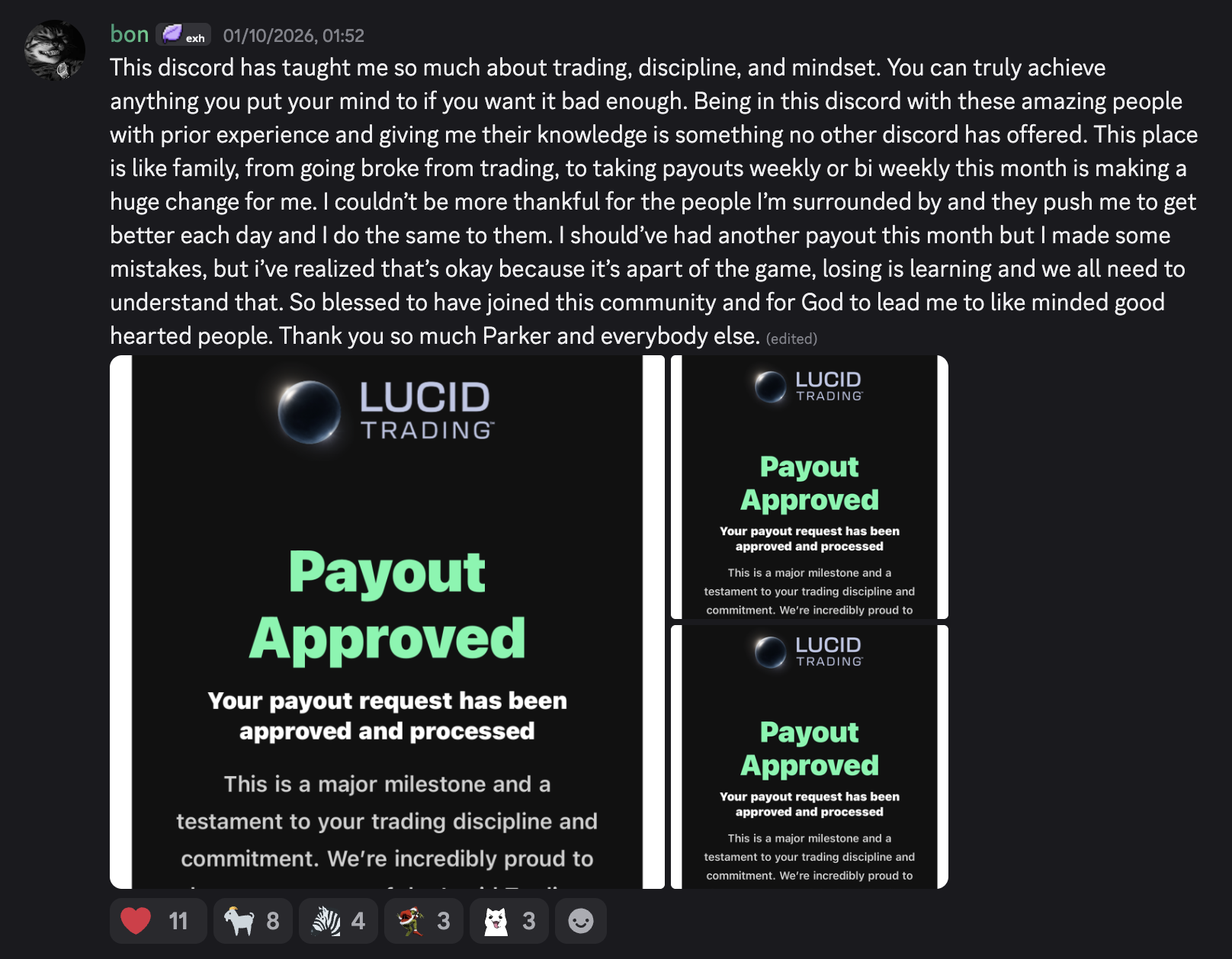 Discord testimonial from bon about trading discipline, mindset, community support, and payout progress, with payout-approved screenshots.