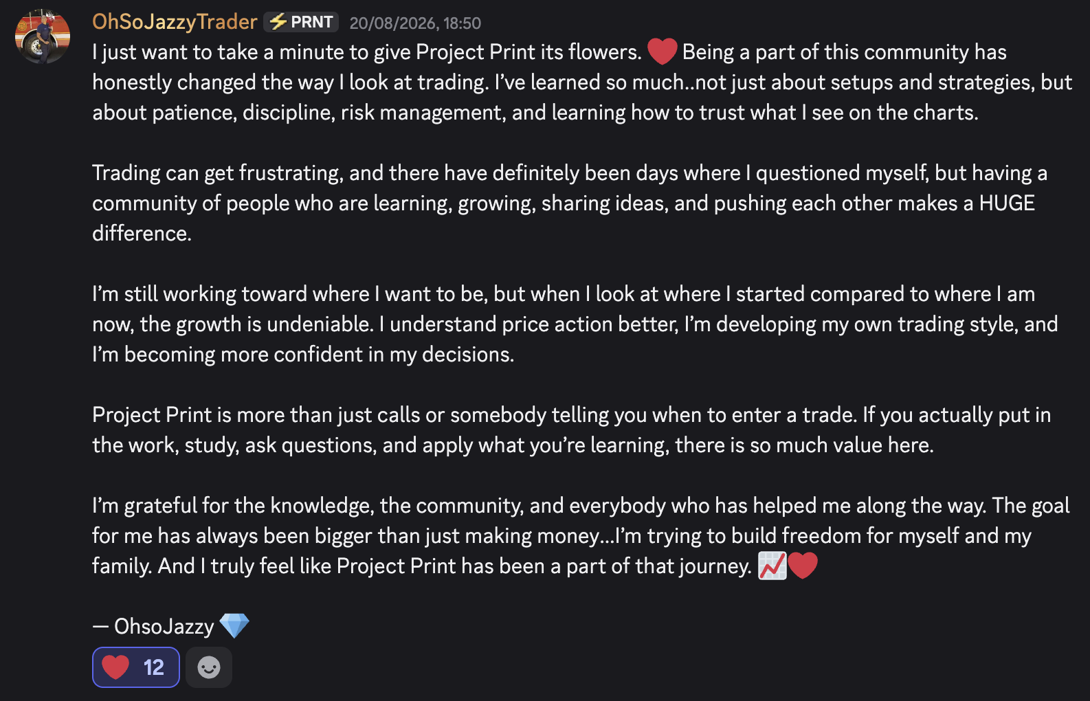 Discord testimonial from OhSoJazzyTrader about patience, discipline, risk management, confidence, and the ProjectPrint community.