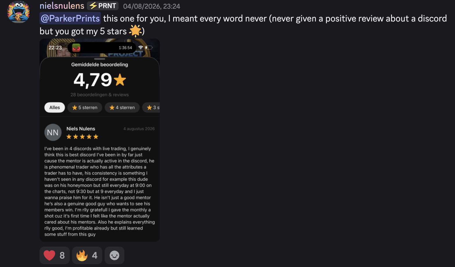 Discord post from Niels showing a five-star review about Parker's activity, teaching, consistency, and care for members.